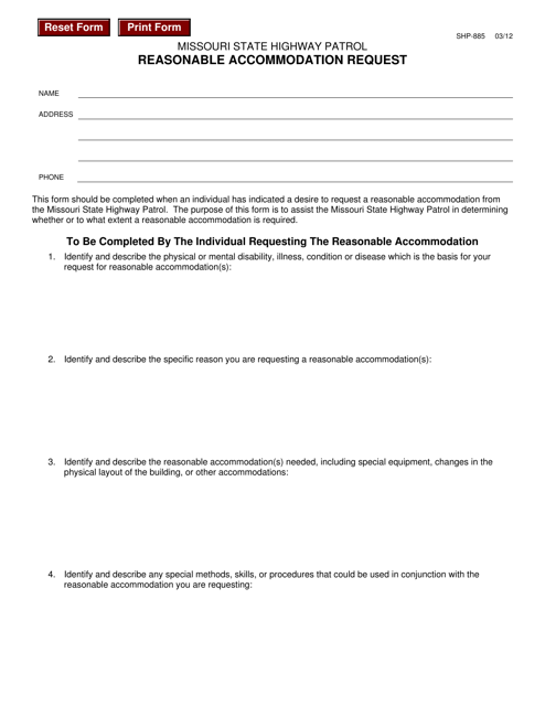 Form SHP-885 Reasonable Accommodation Request - Missouri