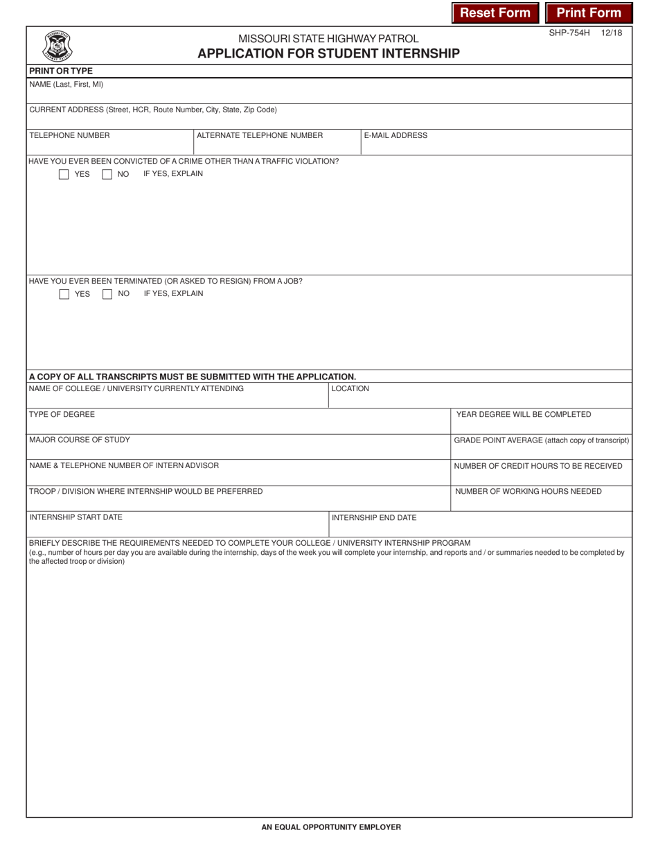 Form SHP-754H Application for Student Internship - Missouri, Page 1