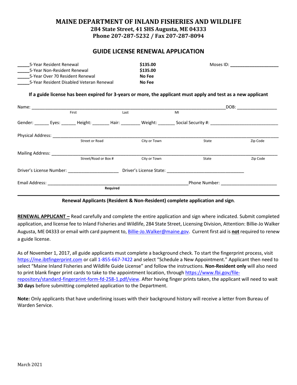Guide License Renewal Application - Maine, Page 1