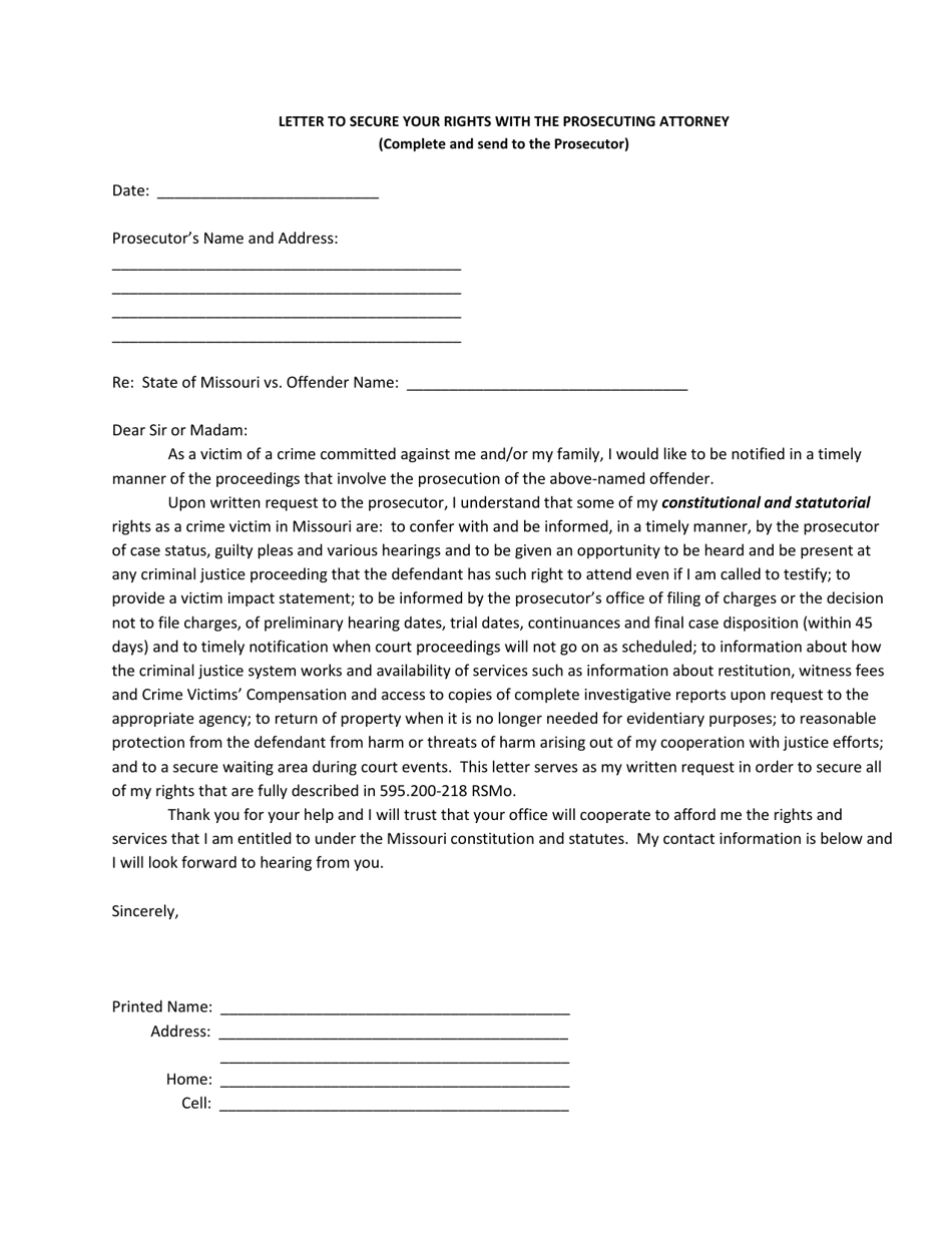 Letter to Secure Your Rights With the Prosecuting Attorney - Missouri, Page 1