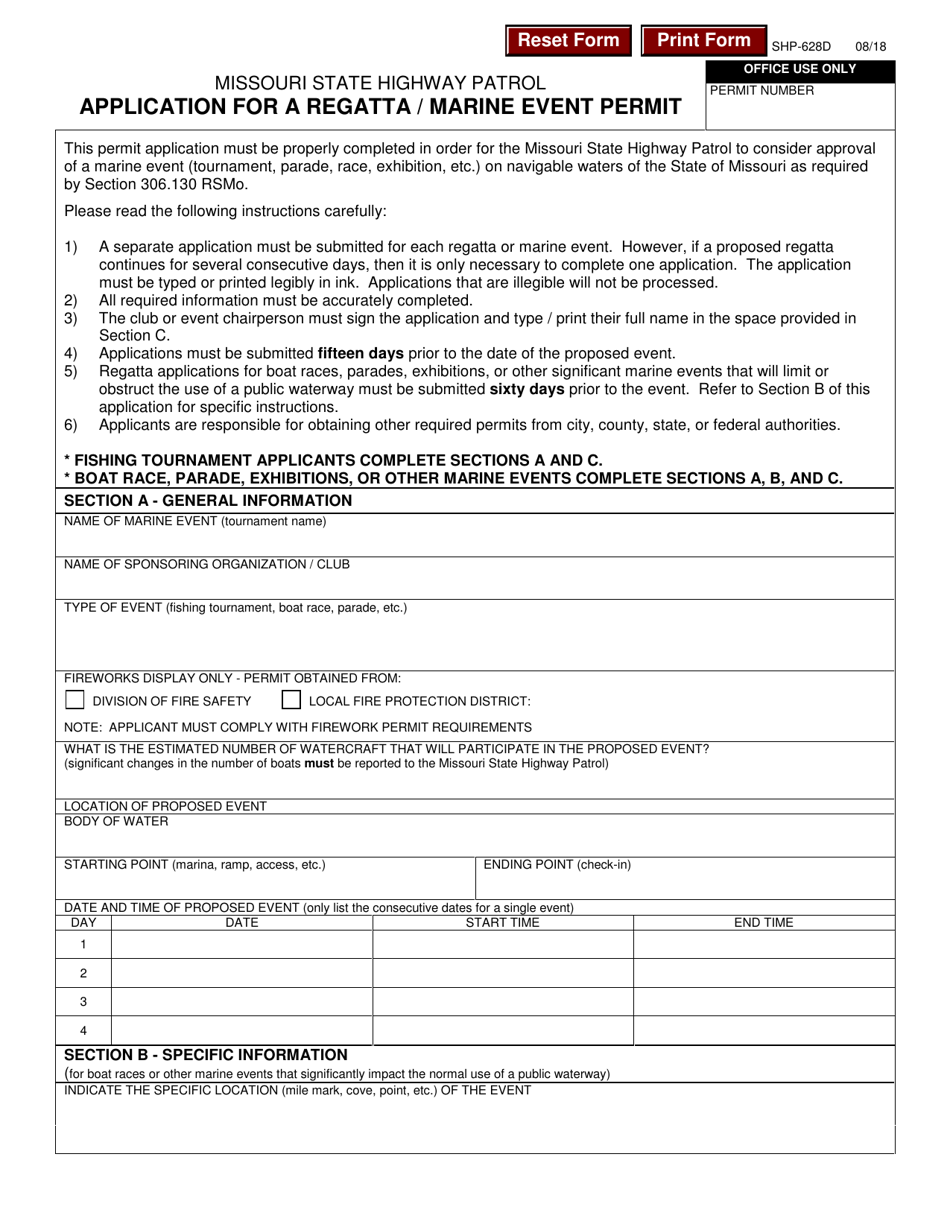 Form SHP-628D Application for a Regatta/Marine Event Permit - Missouri, Page 1