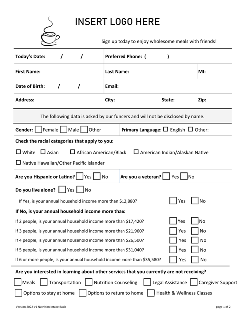 Nutrition Intake Basic Form - Iowa Download Pdf