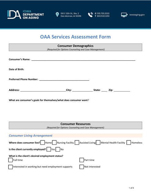 Oaa Services Assessment Form - Iowa Download Pdf