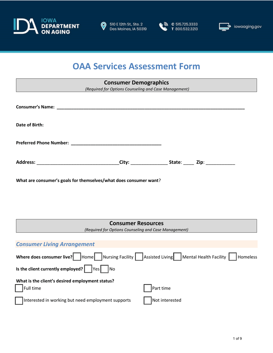 Oaa Services Assessment Form - Iowa, Page 1