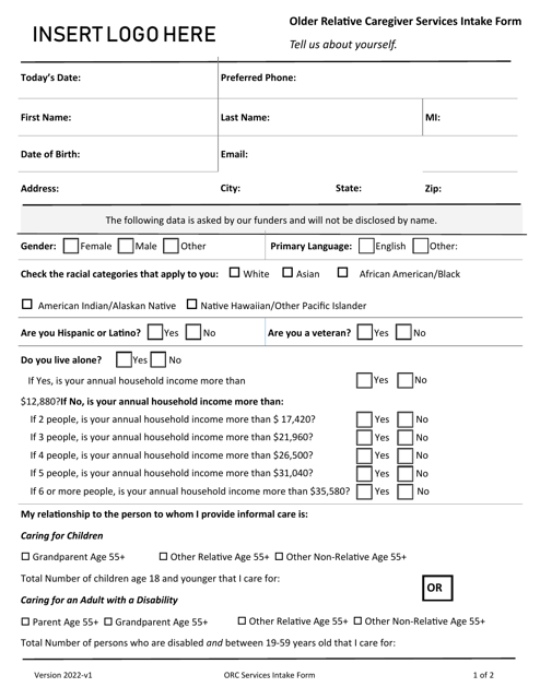 Older Relative Caregiver Services Intake Form - Iowa Download Pdf