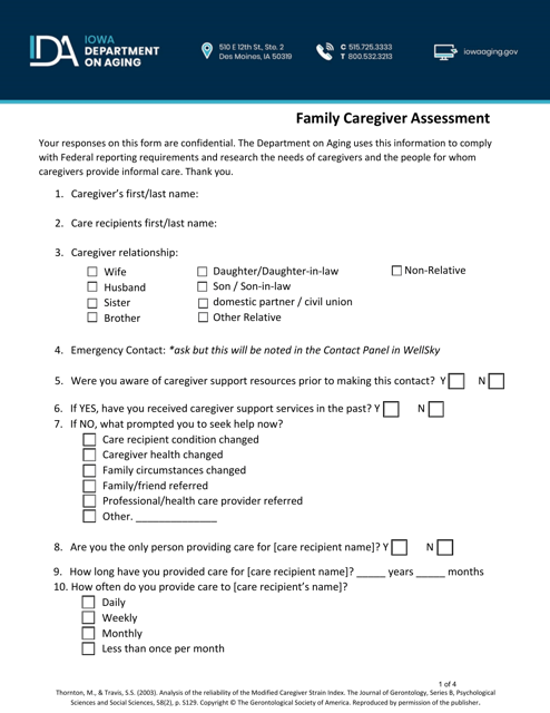 Family Caregiver Assessment and Strain Index - Iowa