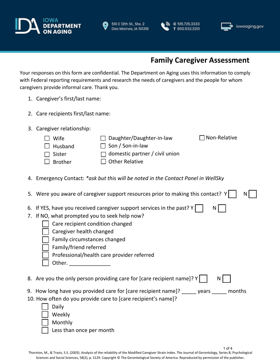 Family Caregiver Assessment and Strain Index - Iowa, Page 1