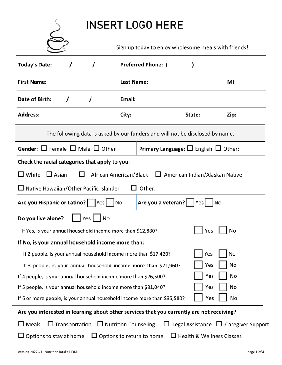 Nutrition Intake Home Delivered Meals Form - Iowa, Page 1