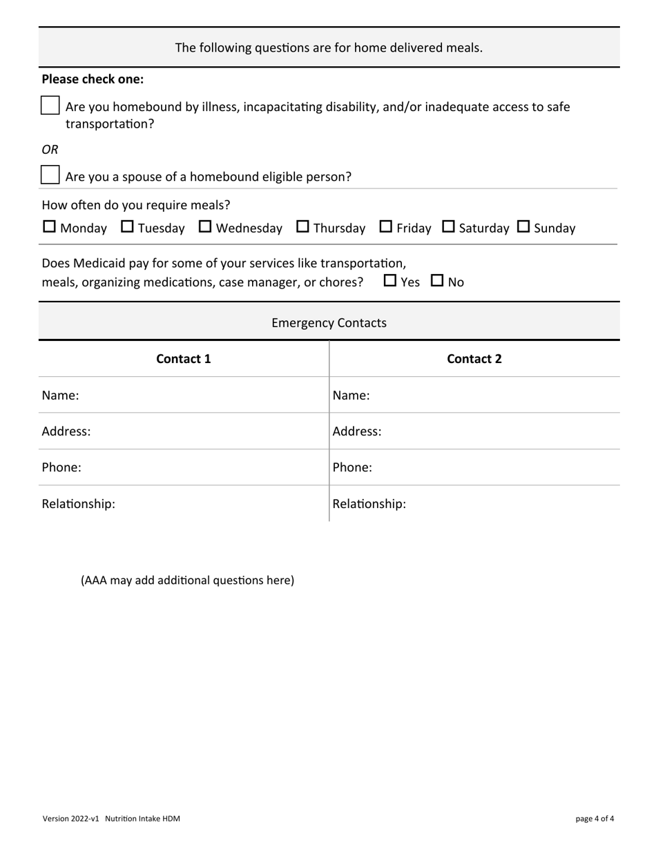 Nutrition Intake Home Delivered Meals Form - Iowa, Page 4