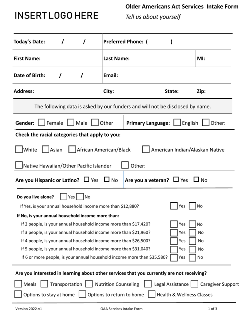 Older Americans Act Services Intake Form - Iowa Download Pdf