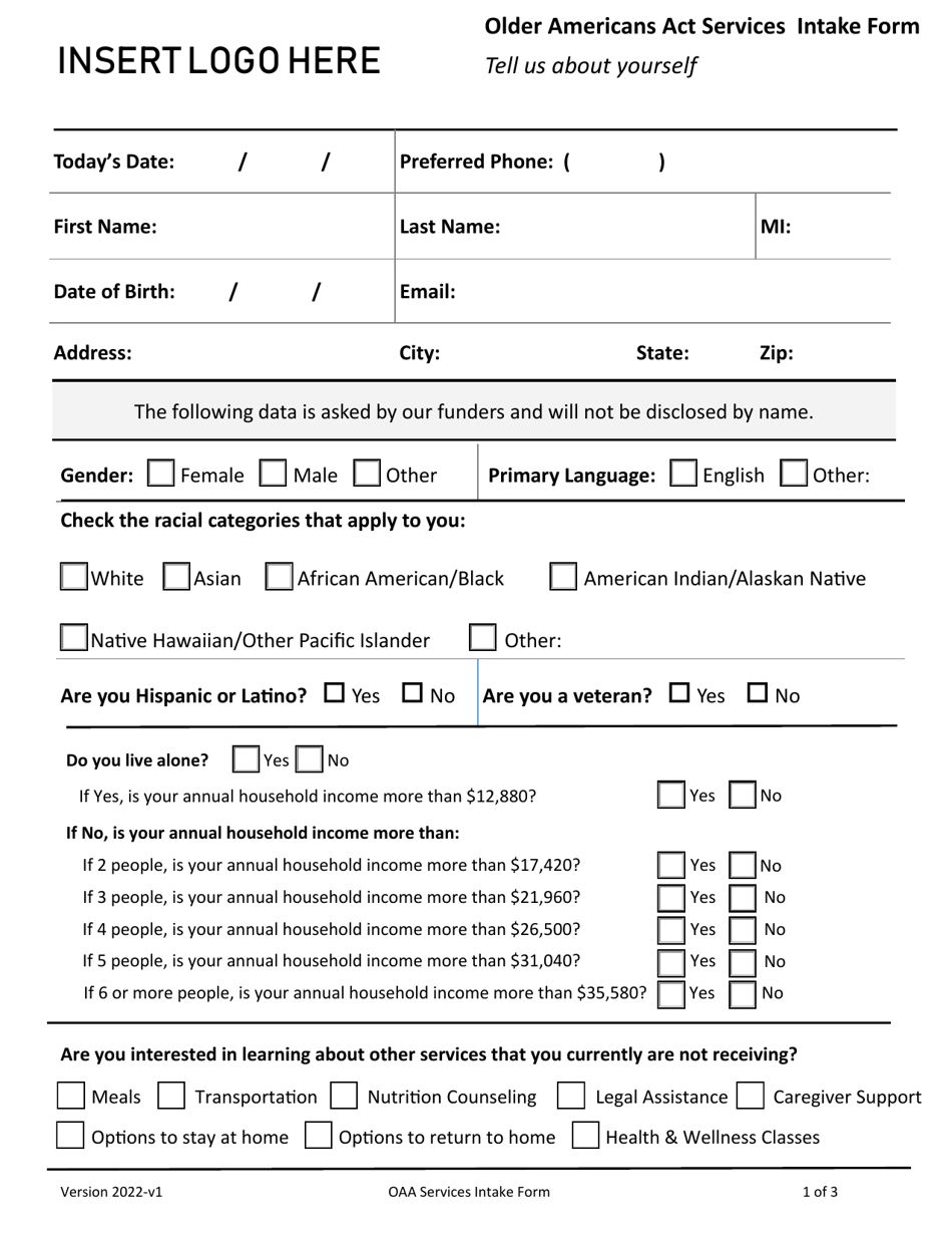 Older Americans Act Services Intake Form - Iowa, Page 1