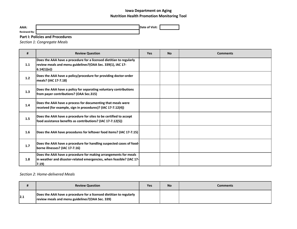 Nutrition Health Promotion Monitoring Tool - Iowa, Page 1
