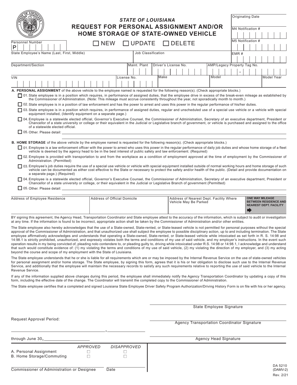 Form MV-2 (DA5210) Request for Personal Assignment and / or Home Storage of State-Owned Vehicle - Louisiana, Page 1