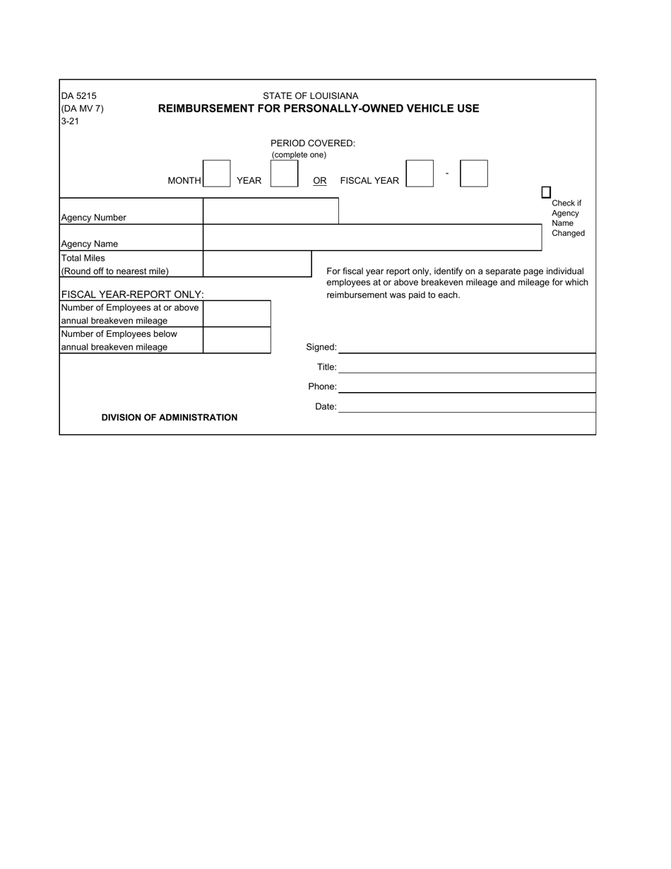 Form MV7 (DA5215) Reimbursement for Personally-Owned Vehicle Use - Louisiana, Page 1