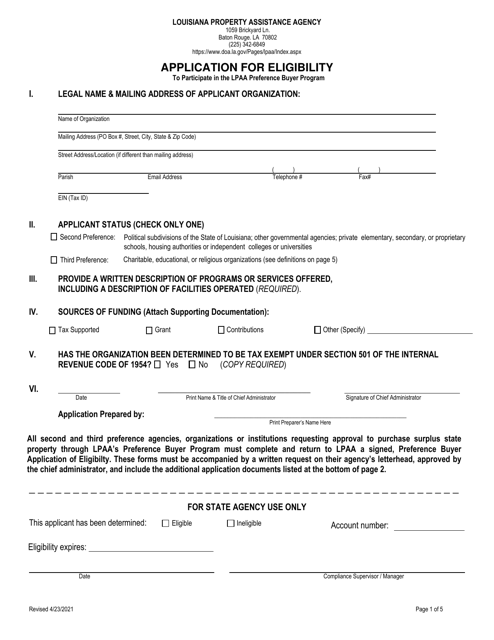Application for Eligibility to Participate in the Lpaa Preference Buyer Program - Louisiana Download Pdf