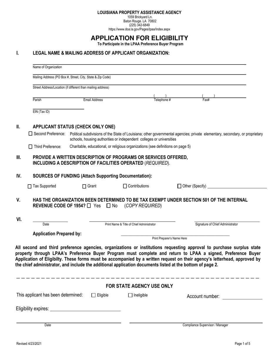 Application for Eligibility to Participate in the Lpaa Preference Buyer Program - Louisiana, Page 1