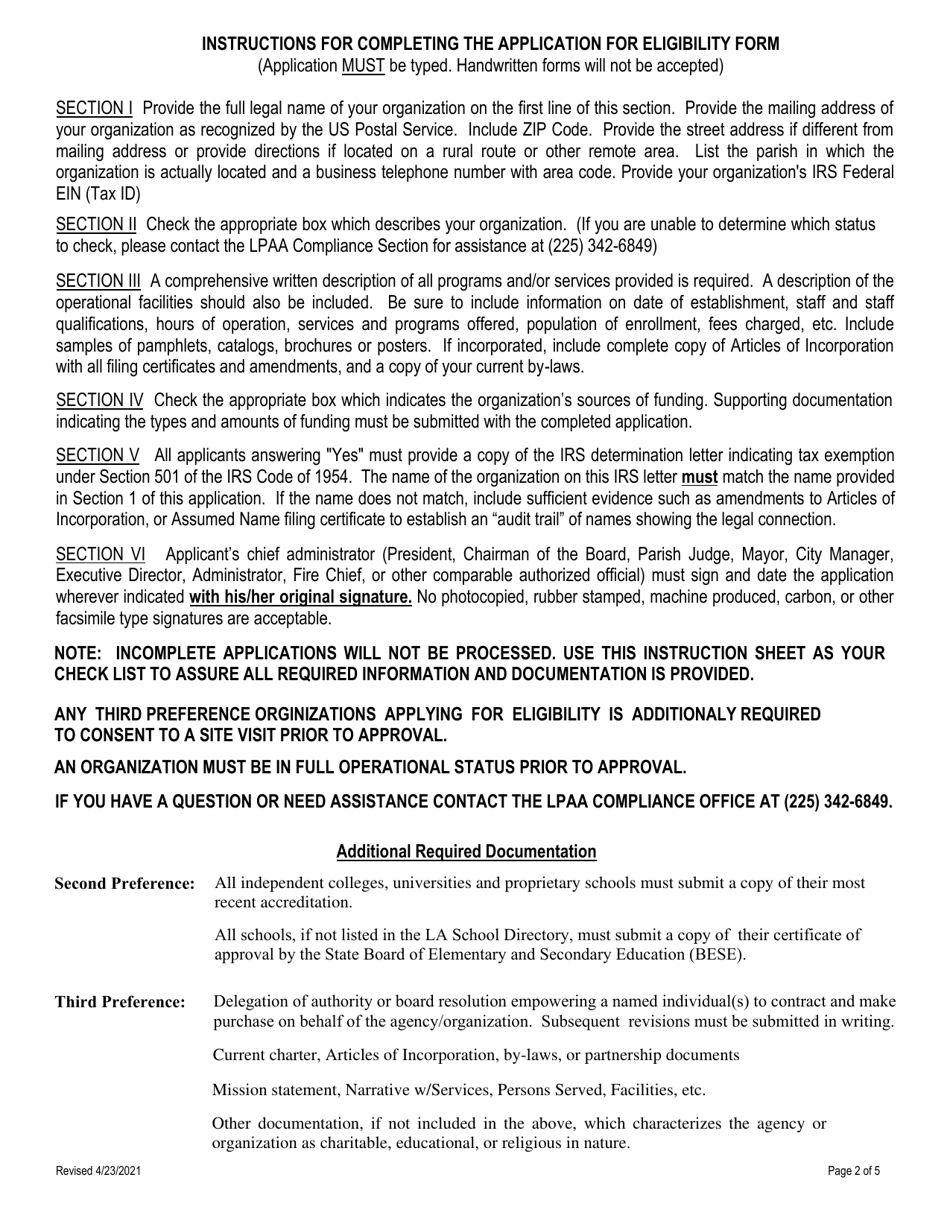Application for Eligibility to Participate in the Lpaa Preference Buyer Program - Louisiana, Page 2