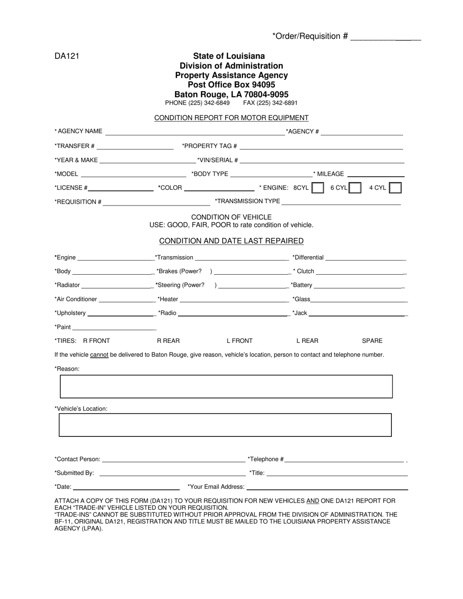 Form DA121 Condition Report for Motor Equipment - Louisiana, Page 1