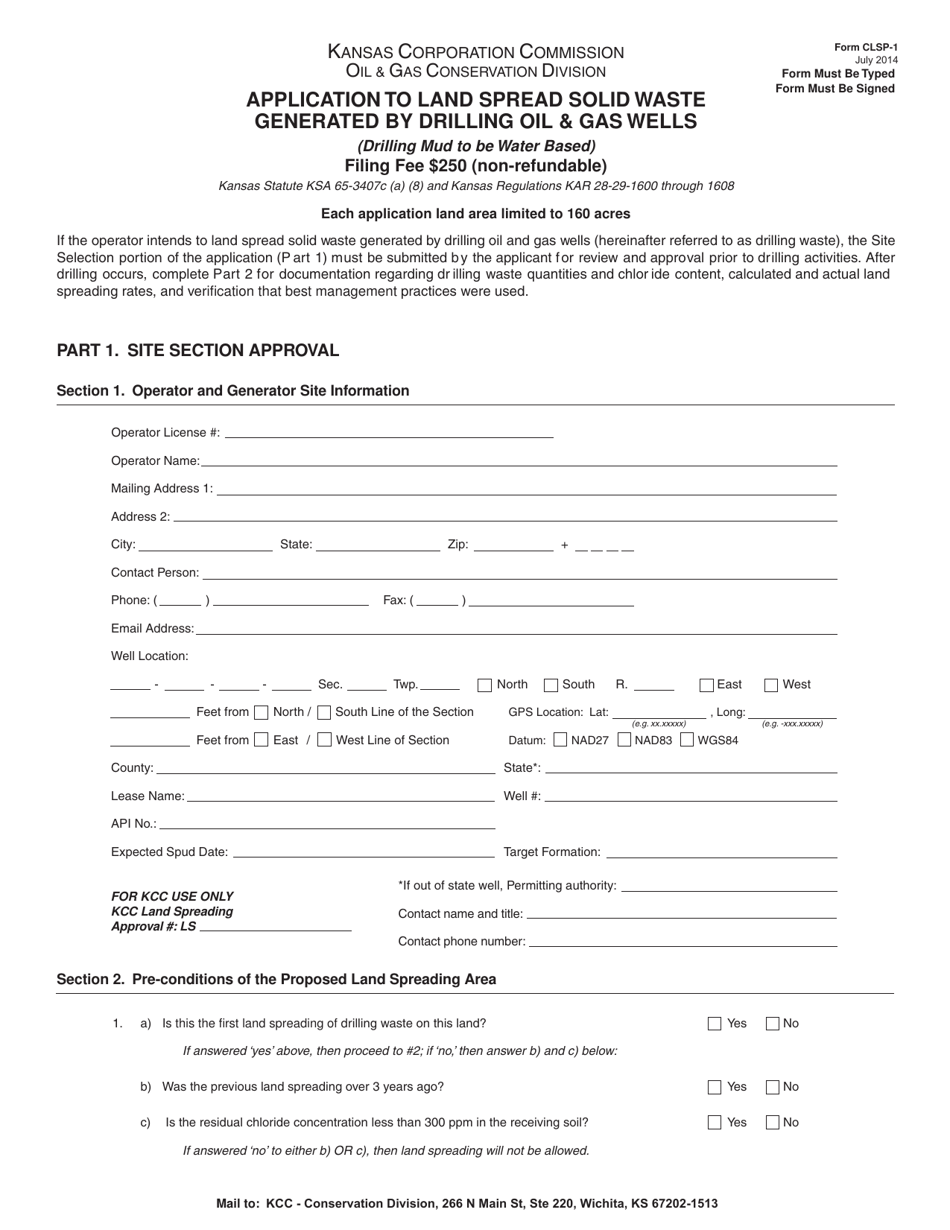 Form CLSP-1 Application to Land Spread Solid Waste Generated by Drilling Oil  Gas Wells - Kansas, Page 1