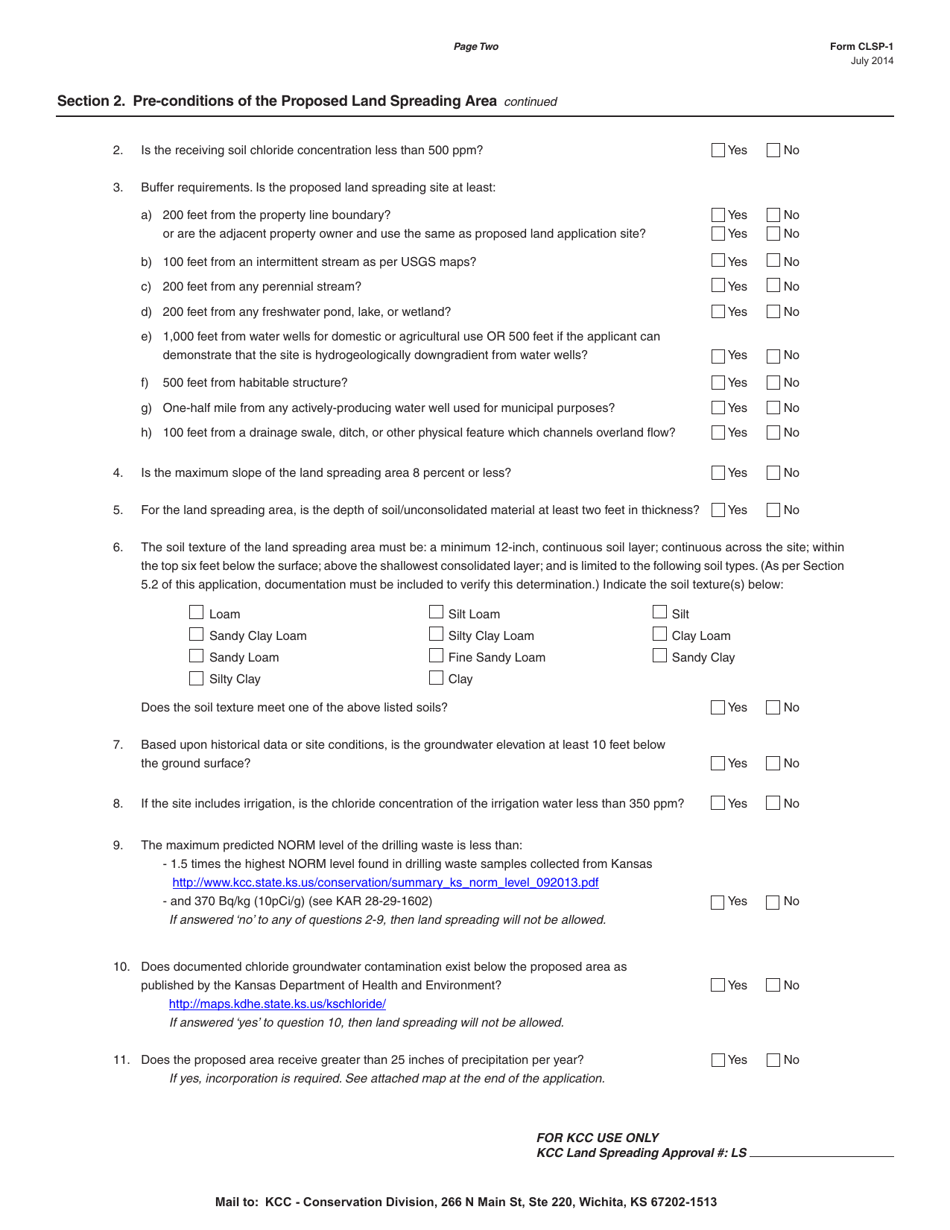 Form CLSP-1 Application to Land Spread Solid Waste Generated by Drilling Oil  Gas Wells - Kansas, Page 2