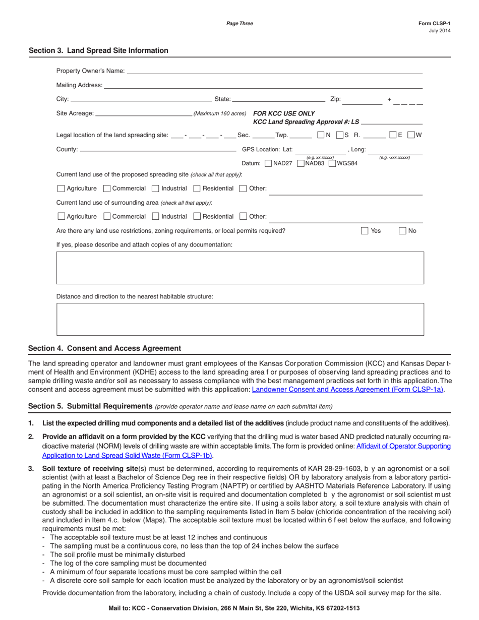 Form CLSP-1 Application to Land Spread Solid Waste Generated by Drilling Oil  Gas Wells - Kansas, Page 3