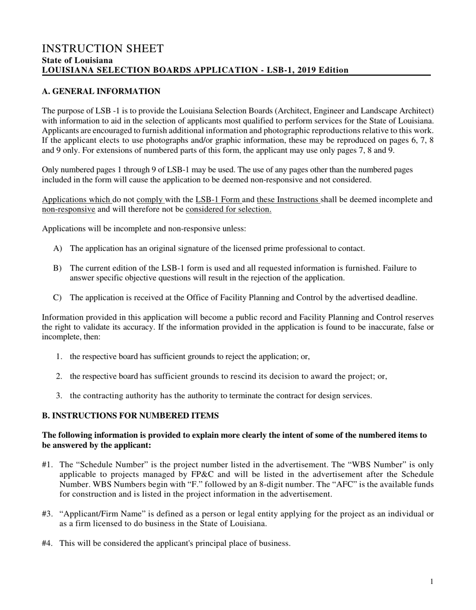 Instructions for Form LSB-1 Louisiana Selection Boards for Design Services Application Form - Louisiana, Page 1