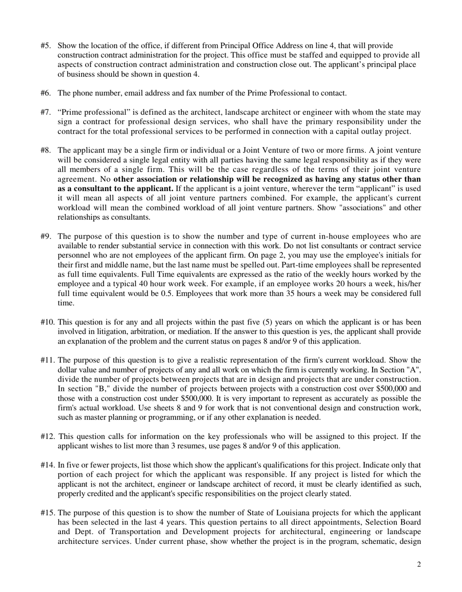 Instructions for Form LSB-1 Louisiana Selection Boards for Design Services Application Form - Louisiana, Page 2