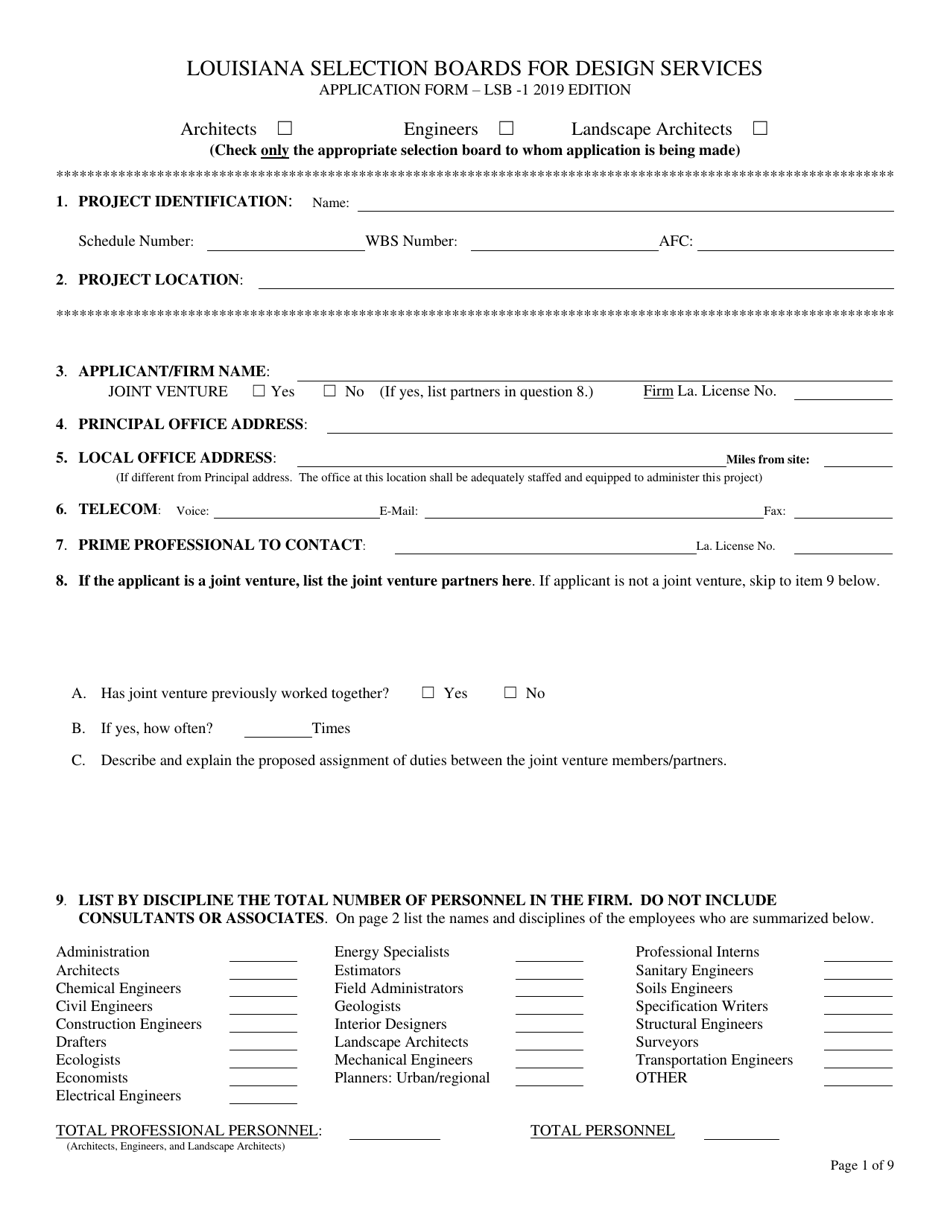 Form LSB-1 Louisiana Selection Boards for Design Services Application Form - Louisiana, Page 1