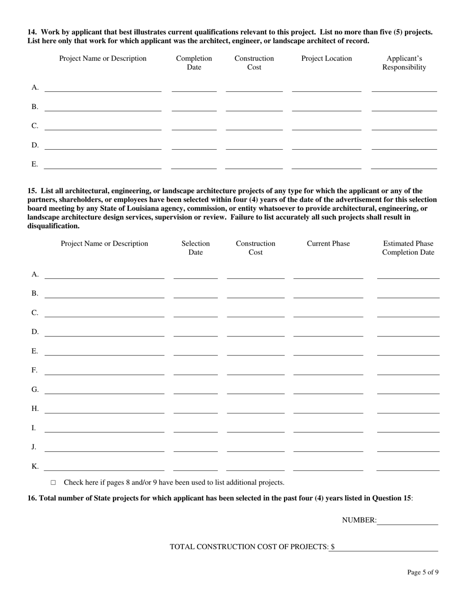Form LSB-1 Louisiana Selection Boards for Design Services Application Form - Louisiana, Page 5
