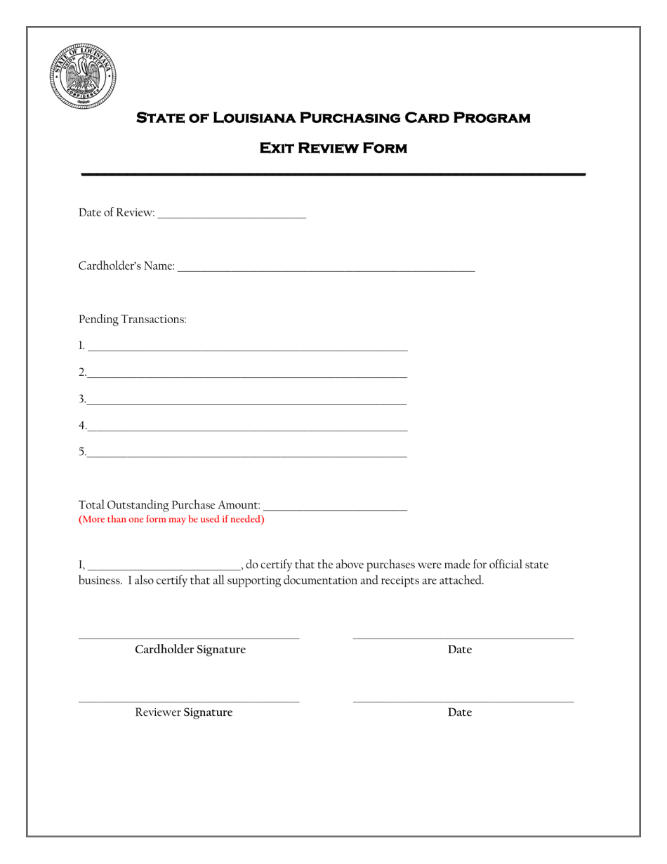 Exit Review Form - State of Louisiana Purchasing Card Program - Louisiana, Page 1