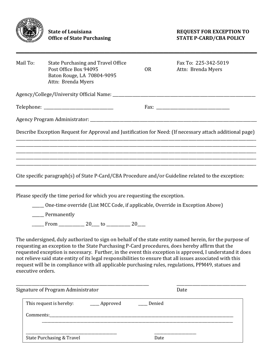 Request for Exception to State P-Card / Cba Policy - Louisiana, Page 1