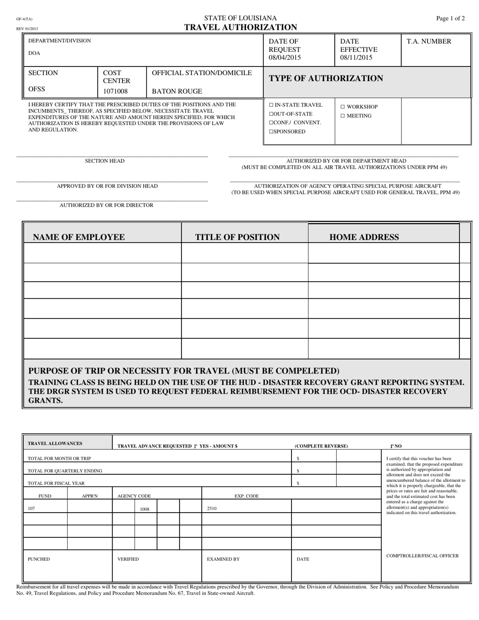 Form GF-4(TA) Travel Authorization - Louisiana, Page 1