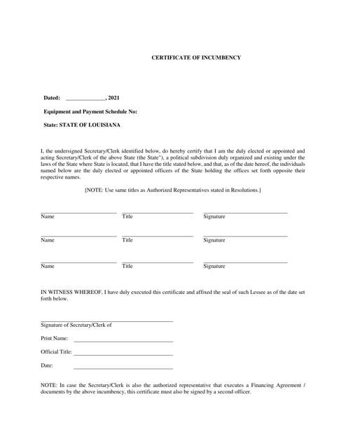 Certificate of Incumbency - Louisiana Download Pdf