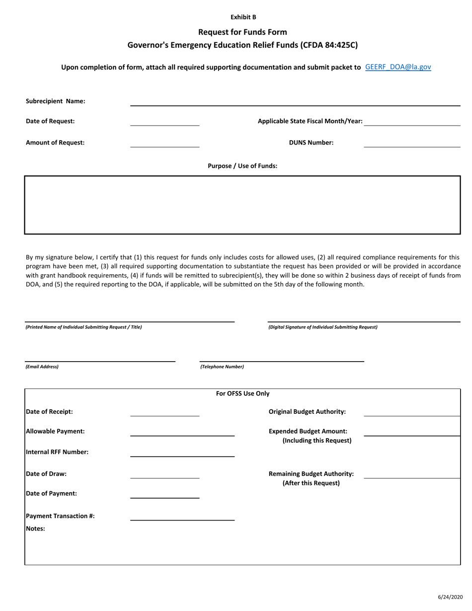 Exhibit B Request for Funds Form - Governors Emergency Education Relief Funds - Louisiana, Page 1