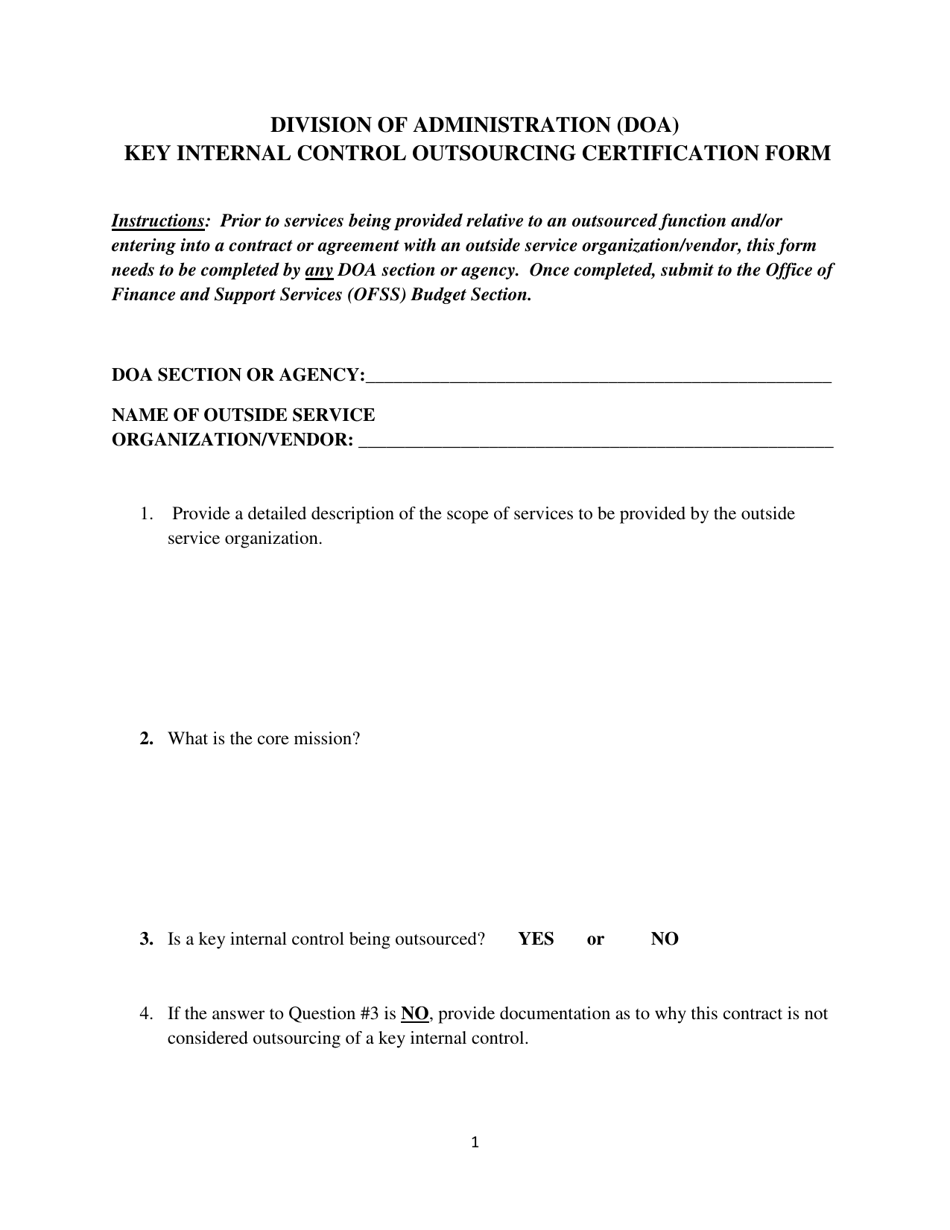 Key Internal Control Outsourcing Certification Form - Louisiana, Page 1