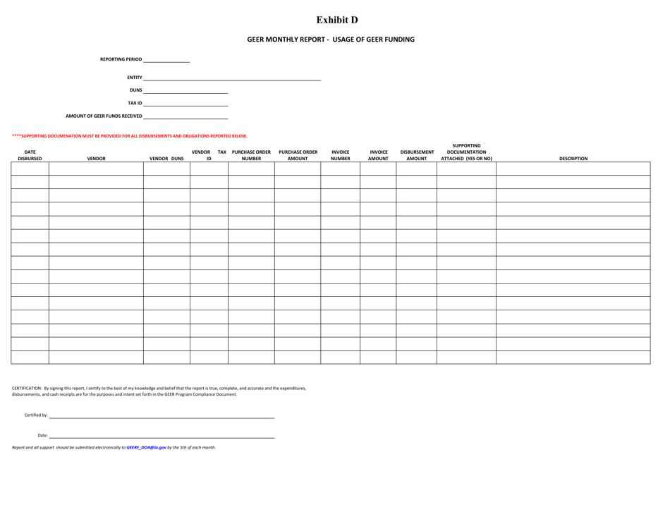 Exhibit D Geer Monthly Report - Usage of Geer Funding - Louisiana, Page 1