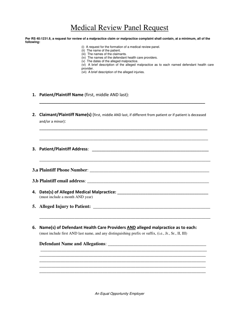 Medical Review Panel Request - Louisiana, Page 1