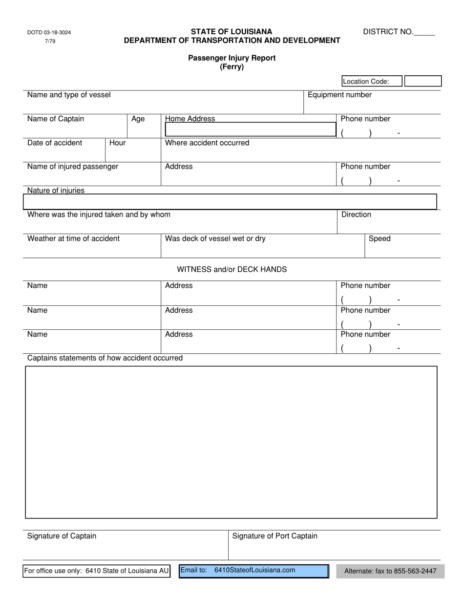 Form DOTD03-18-3024 Passenger Injury Report (Ferry) - Louisiana, Page 1