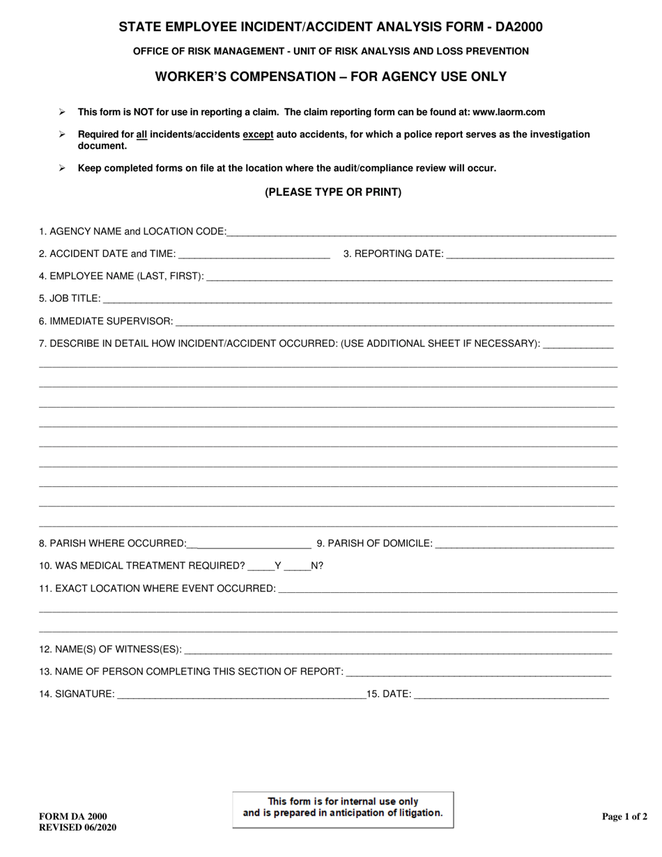 Form DA2000 State Employee Incident / Accident Analysis Form - Louisiana, Page 1