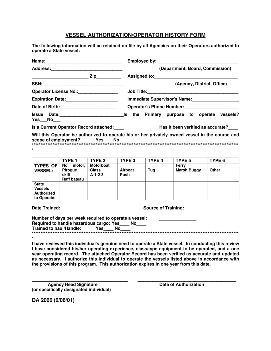 Form DA2066 Vessel Authorization / Operator History Form - Louisiana, Page 1