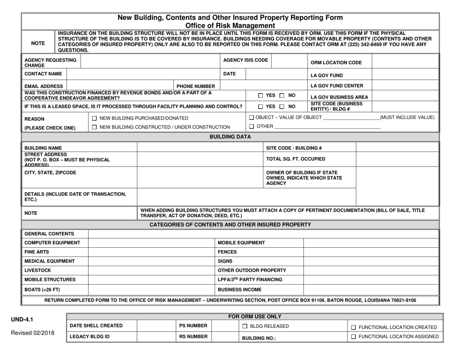 Form UND-4.1 New Building, Contents and Other Insured Property Reporting Form - Louisiana, Page 1