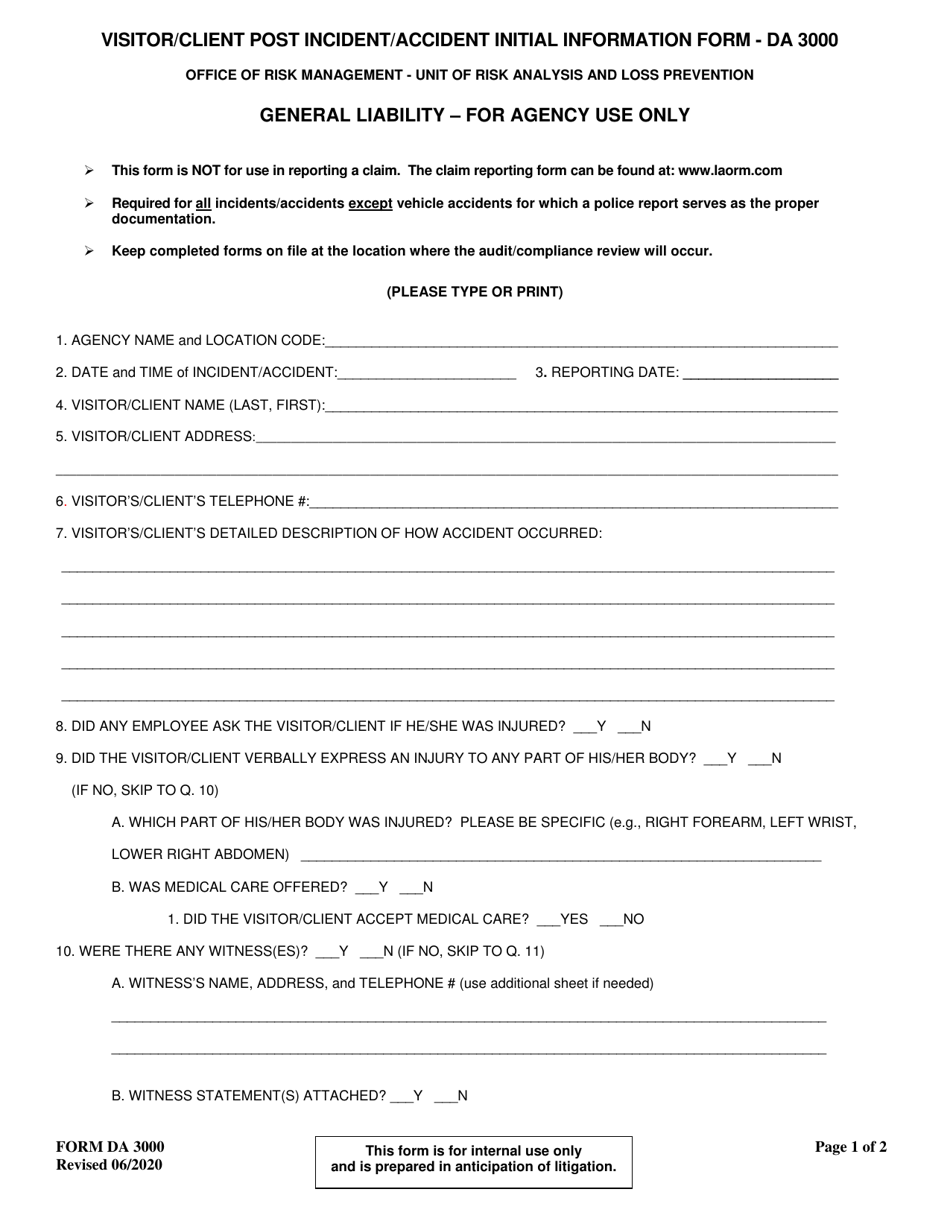 Form DA3000 Visitor / Client Post Incident / Accident Initial Information Form - Louisiana, Page 1