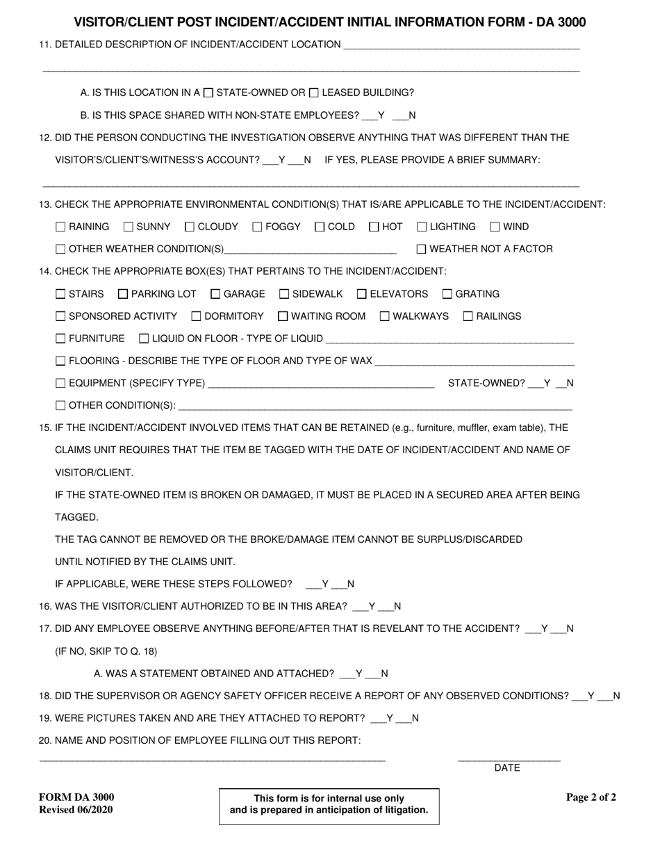 Form DA3000 Visitor / Client Post Incident / Accident Initial Information Form - Louisiana, Page 2