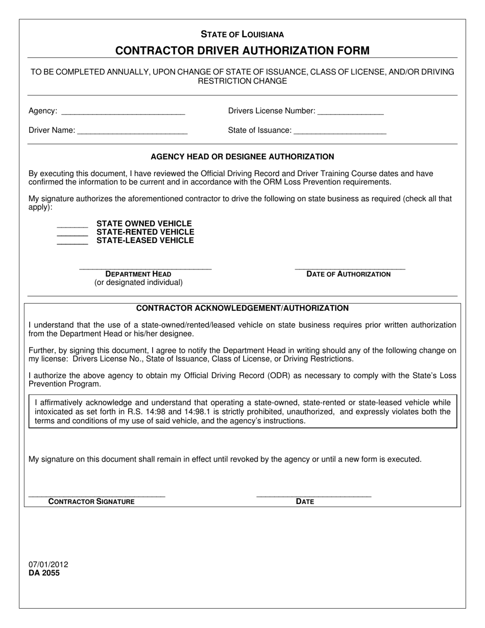 Form DA2055 Contractor Driver Authorization Form - Louisiana, Page 1
