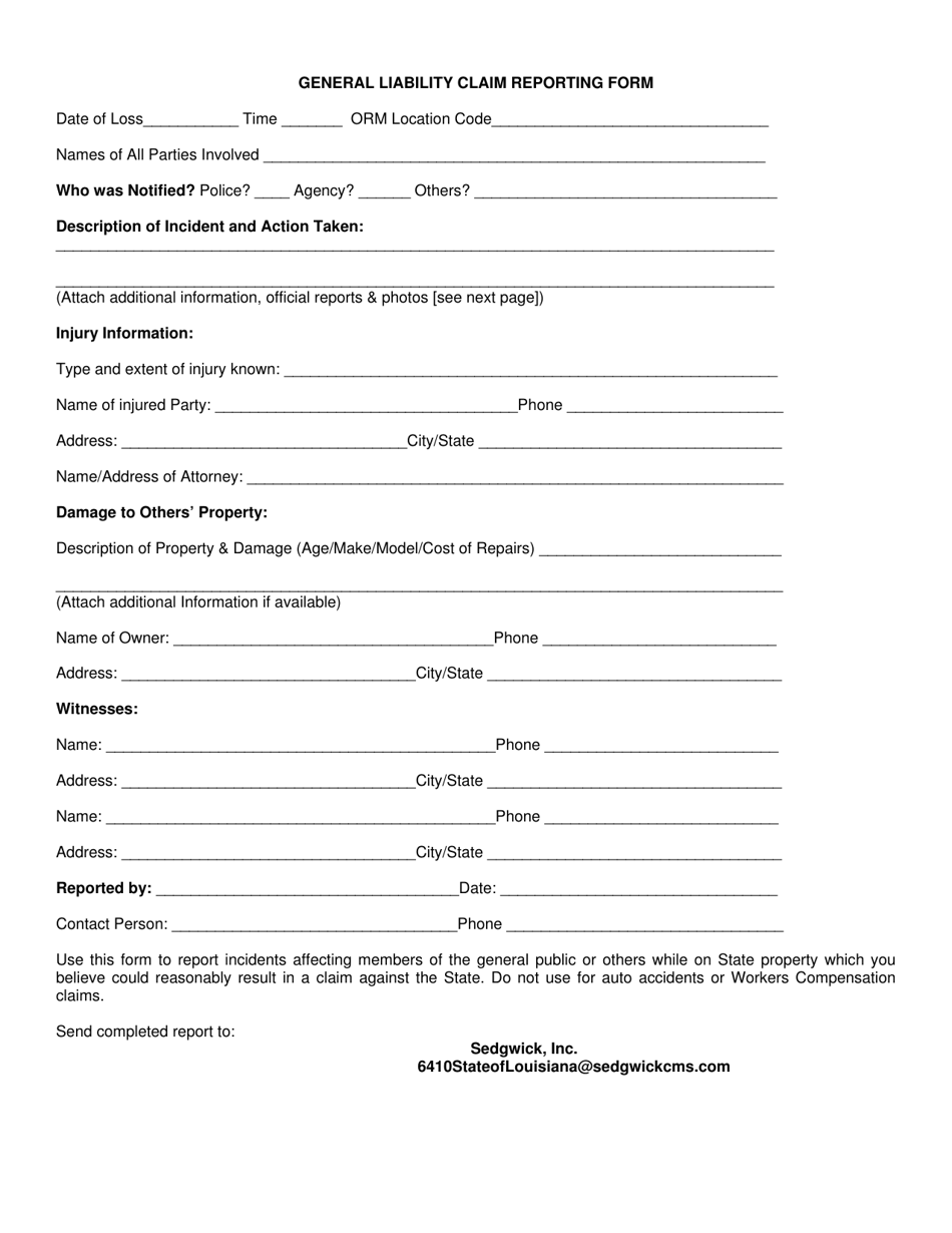 Form DA2065 General Liability Claim Reporting Form - Louisiana, Page 1