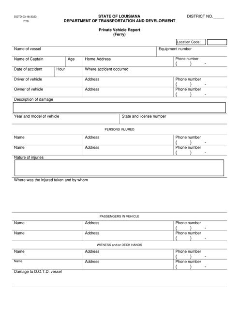 Form DOTD03-18-3023 Private Vehicle Report (Ferry) - Louisiana
