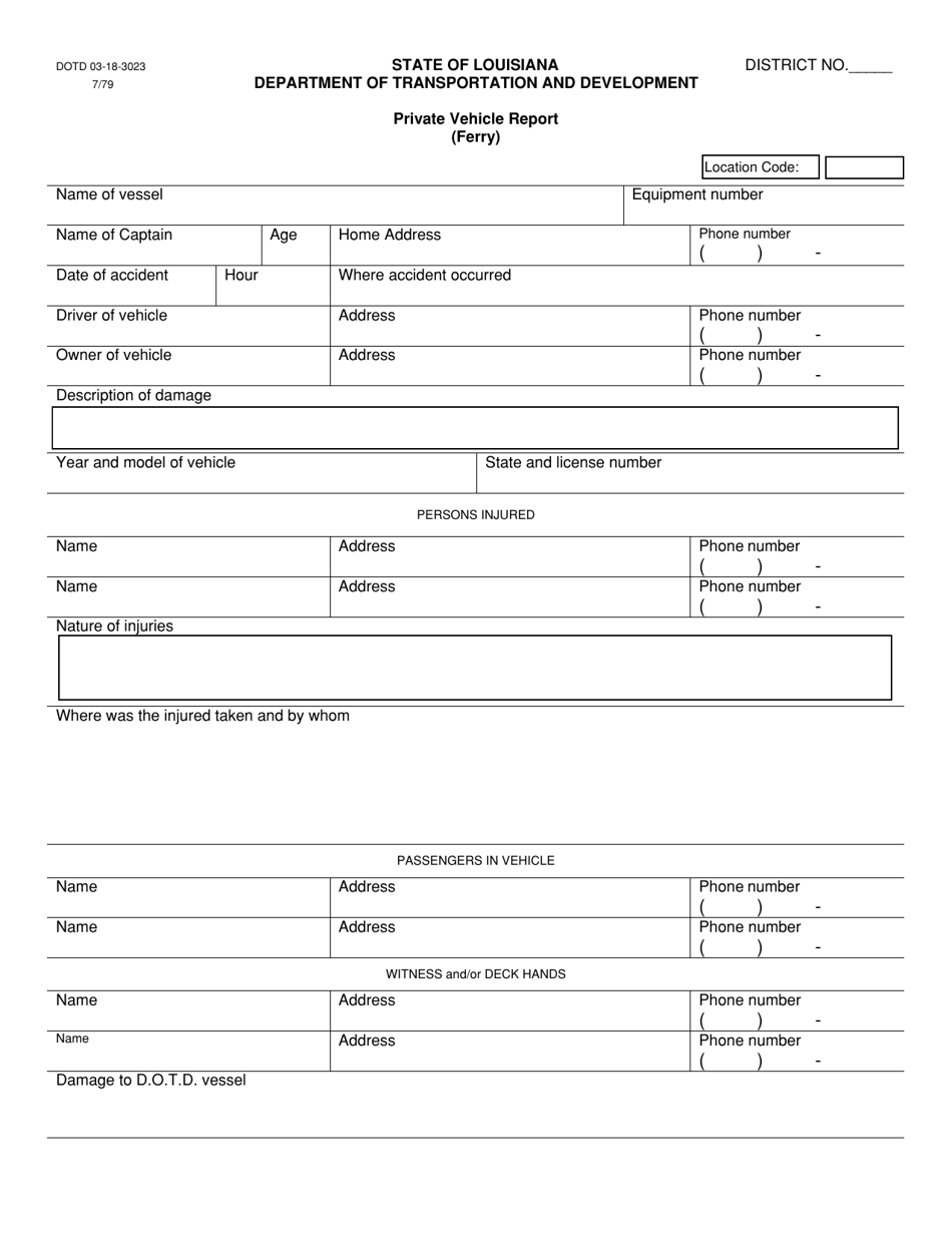 Form DOTD03-18-3023 Private Vehicle Report (Ferry) - Louisiana, Page 1