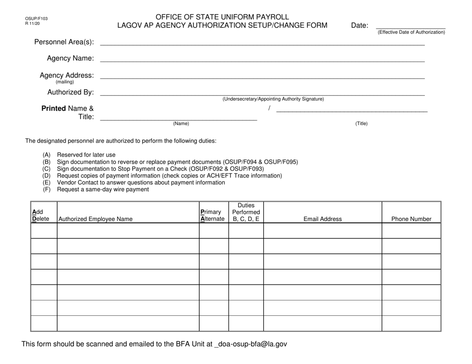 Form OSUP / F103 Lagov Ap Agency Authorization Setup / Change Form - Louisiana, Page 1