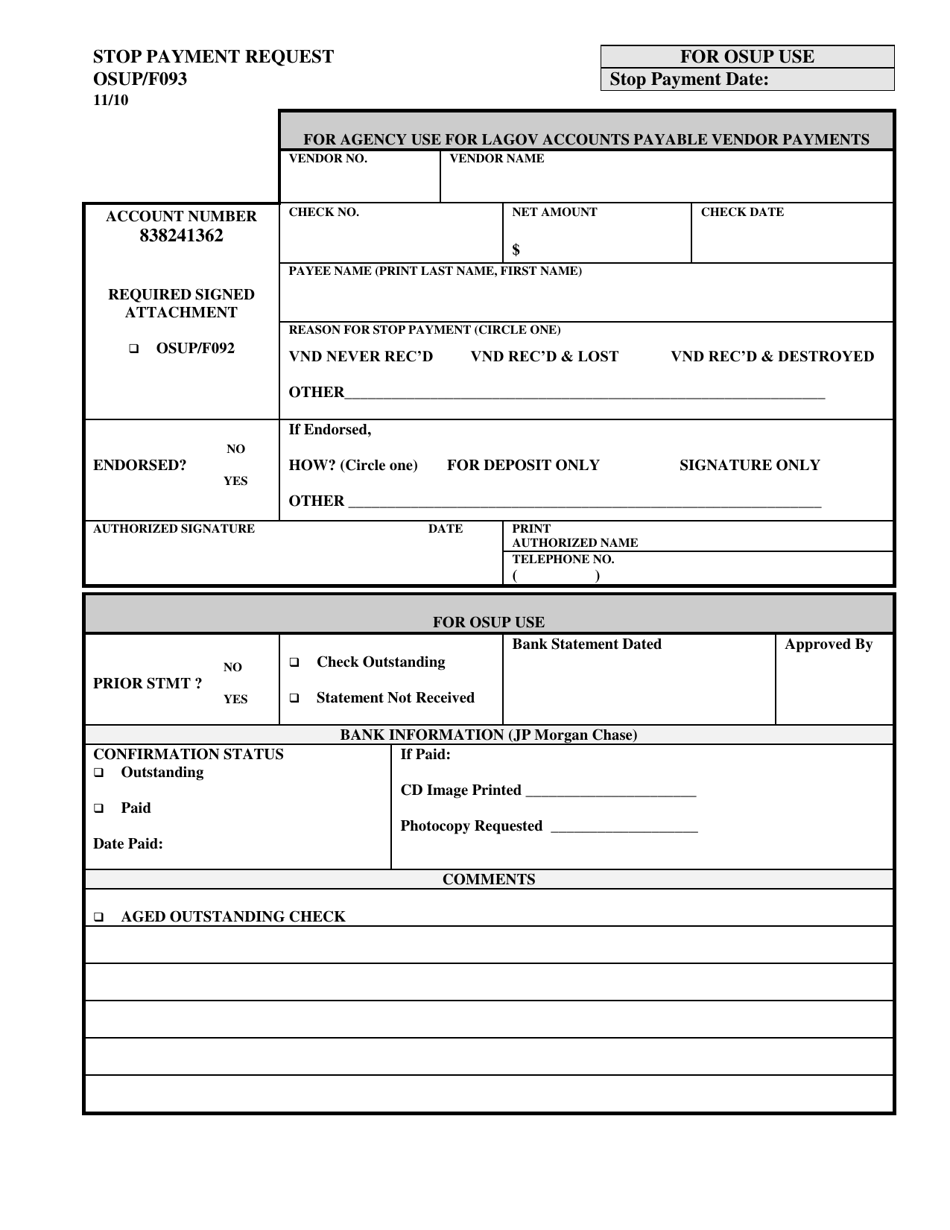 Form OSUP / F093 Stop Payment Request - Louisiana, Page 1