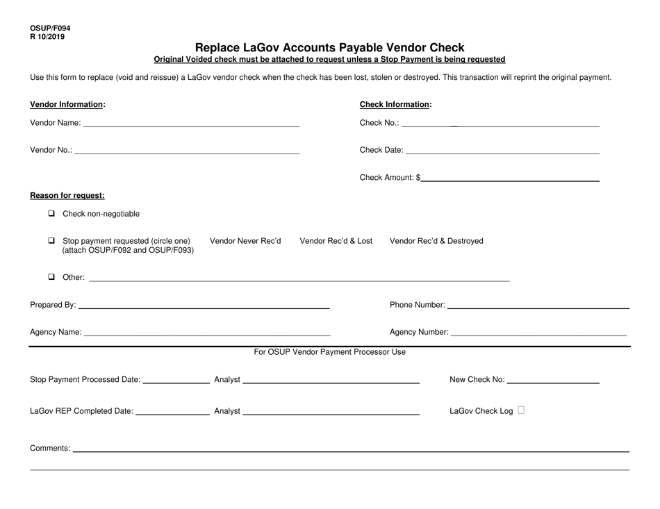Form OSUP / F094 Replace Lagov Accounts Payable Vendor Check - Louisiana, Page 1